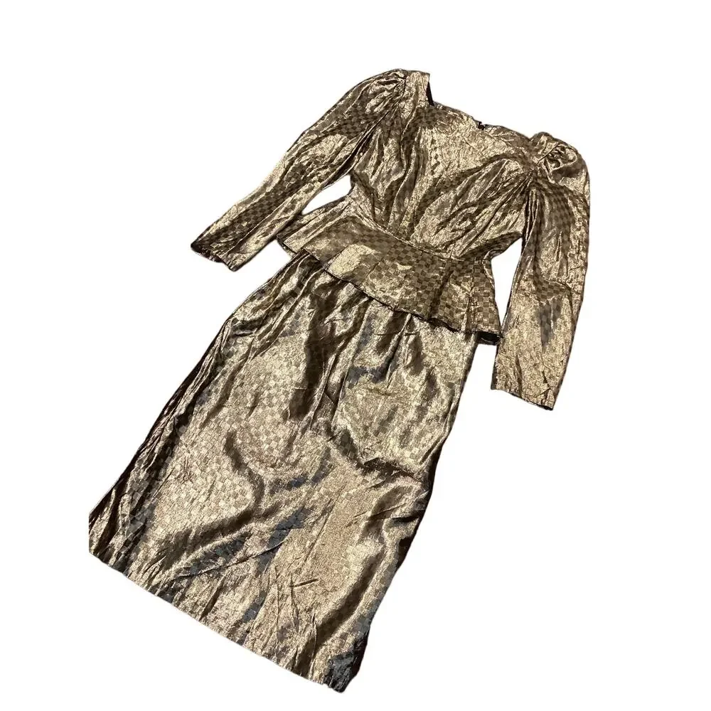 Trending Vintage Gold Metallic Check Lame 2pc Dress Midi Pencil Skirt Top S 24w